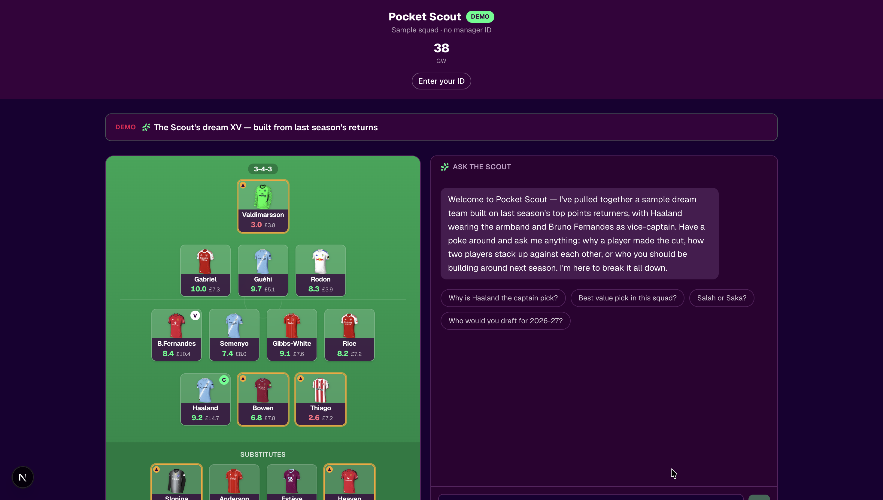 Demo mode showing the Scout's dream XV built from the season's best returns, with ratings and an Ask the Scout briefing
