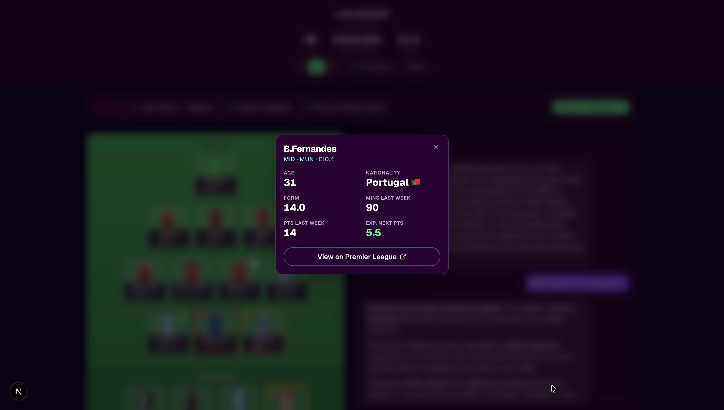 Player detail dialog for Bruno Fernandes showing form, minutes, expected points and a link to the official Premier League page