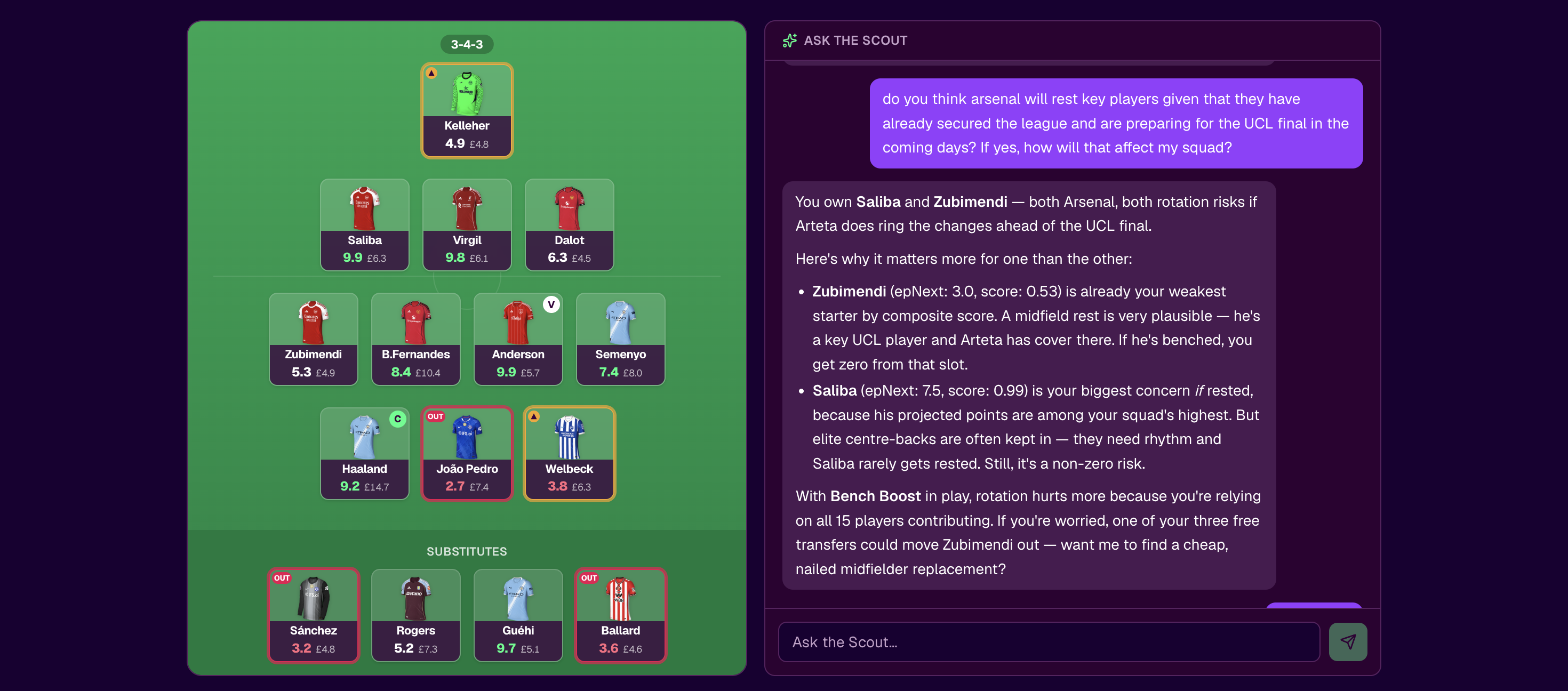Ask the Scout answering a rotation-risk question with player-specific expected points and reasoning