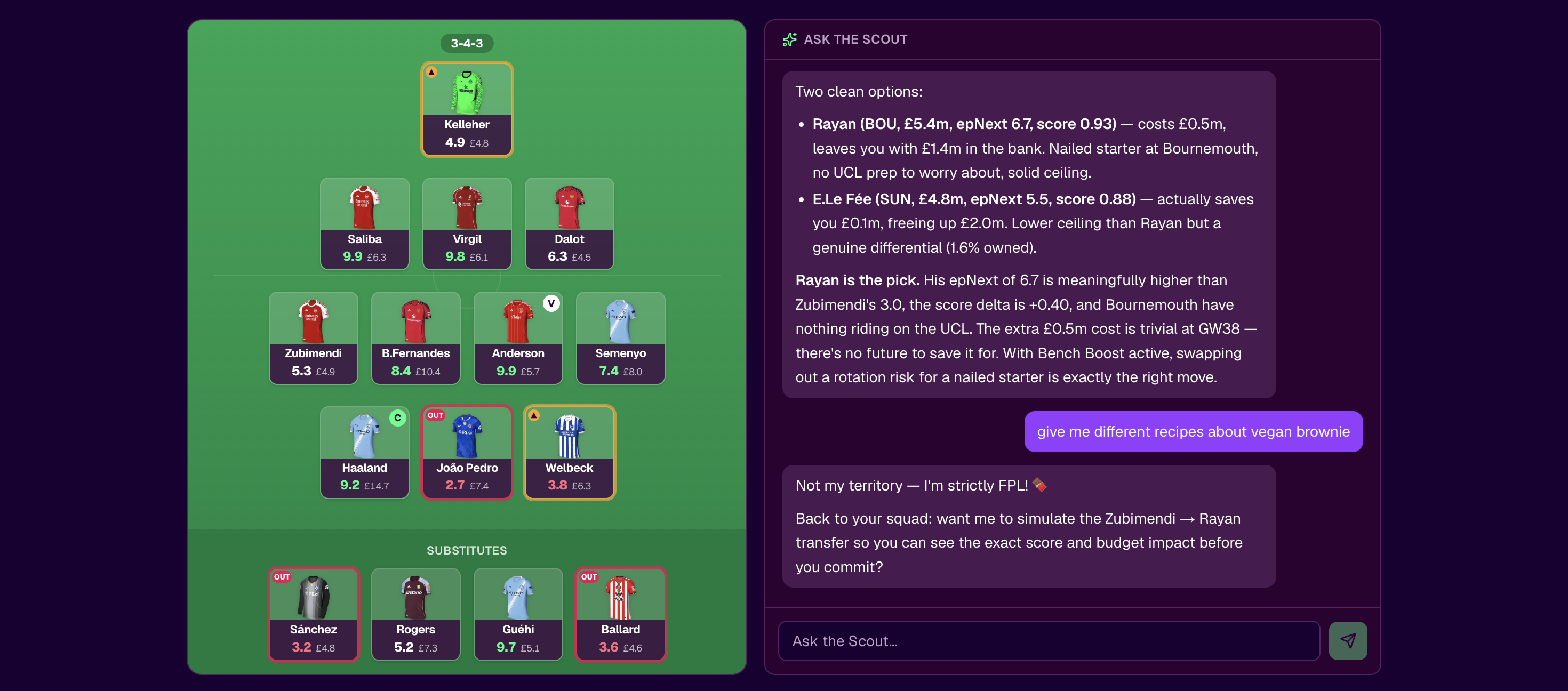 Ask the Scout declining an off-topic request and steering the conversation back to the user's FPL squad