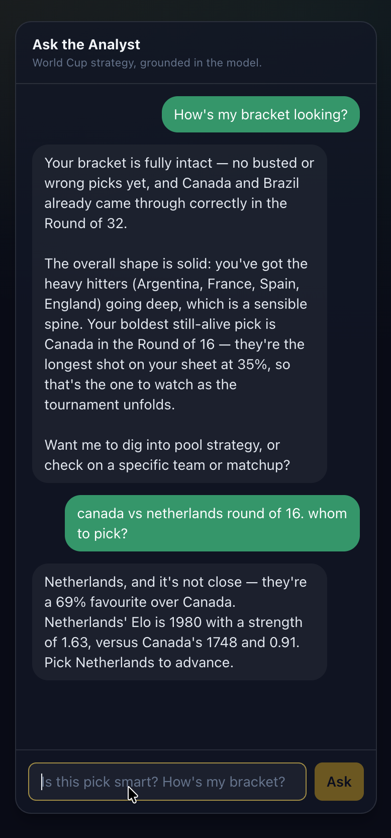 Ask the Analyst answering a free-form question about the bracket in plain English, grounded in the model's probabilities
